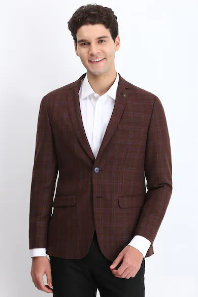 Men Brown Slim Fit Check Formal Blazer